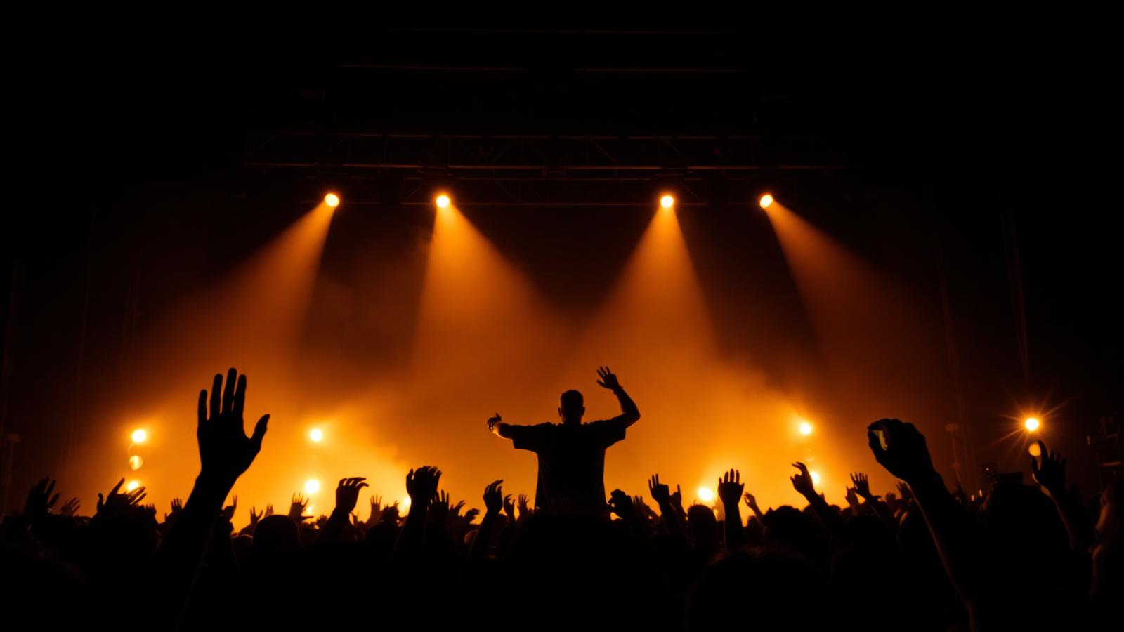 Crowd at a concert with hands raised under gold stage lights