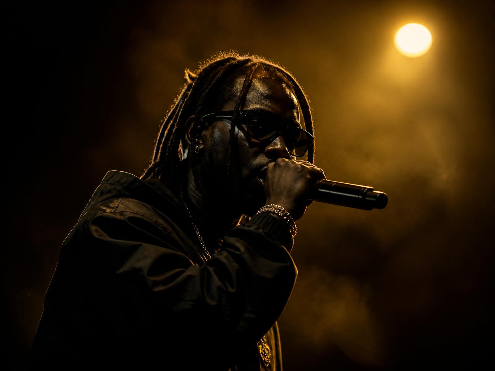 Recording artist performing under a gold spotlight